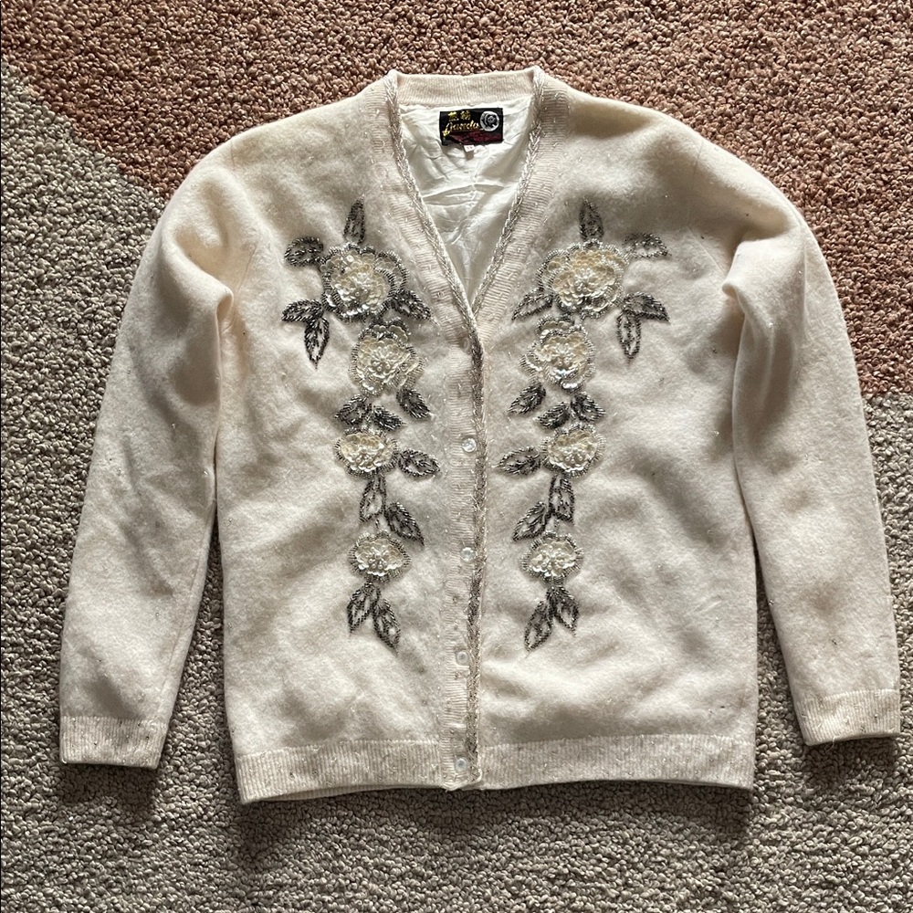 RARE Vintage Panda Embellished Flower Cardigan Size 38 Angora Lambswool